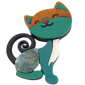 Дизайнерска брошка котка в зелено Дизайнерска брошка котка в зелено