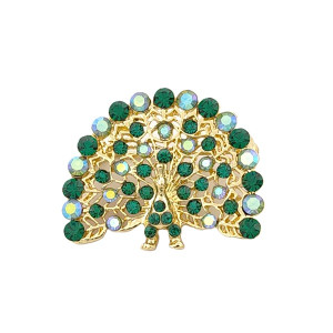 Брошка паун със зелени кристали златиста