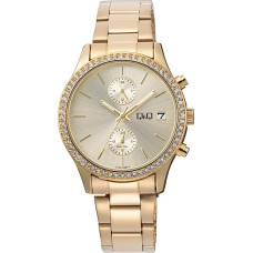 Златист дамски часовник Q&Q Dual-Time с камъни и дата
