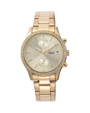Златист дамски часовник Q&Q Dual-Time с камъни и дата