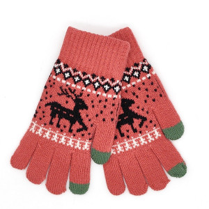 Дамски зимни ръкавици с елени в коралов цвят и тъч показалец