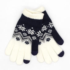 Дамски зимни ръкавици със снежинки в тъмносин и бял цвят
