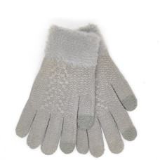 Дамски зимни ръкавици в сив цвят с пухкав маншет