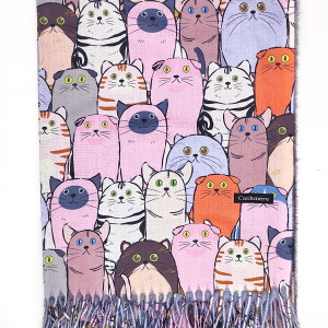 Кашмирен дамски шал с розово с котки и дълги ресни