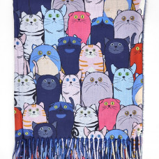 Кашмирен дамски шал с котки в синьо Кашмирен дамски шал с котки в синьо