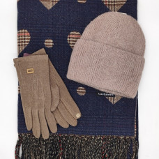 Стилен дамски зимен комплект шал, шапка и ръкавици в тъмносиньо и бежово Стилен дамски зимен комплект шал, шапка и ръкавици в тъмносиньо и бежово