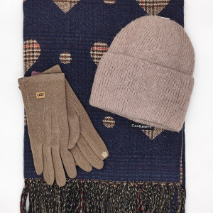 Стилен дамски зимен комплект шал, шапка и ръкавици в тъмносиньо и бежово