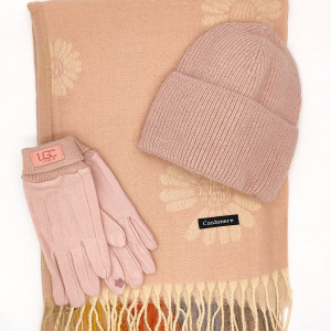 Дамски комплект Кашмирен шал , шапка и ръкавици с ластик в розово