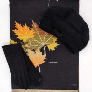 Дамски комплект шапка барета кашмирен шал и ръкавици в черно