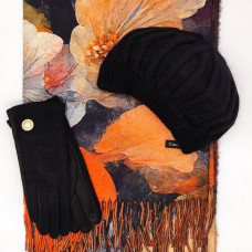 Дамски комплект шапка барета, шал и ръкавици в черно и оранжево – стилен подарък за жена