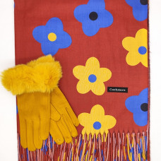 Дамски зимен комплект – кашмирен шал и ръкавици с пух в горчица