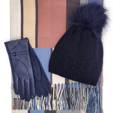 Дамски зимен комплект – шапка с пух, шал и кожени ръкавици в тъмносиньо