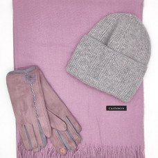 Дамски зимен комплект – кашмирен шал, сива шапка и лилави ръкавици