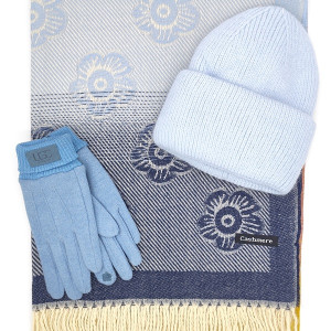 Дамски зимен комплект – кашмирен шал, плетена шапка и ръкавици VOGUE в светлосиньо Дамски зимен комплект – кашмирен шал, плетена шапка и ръкавици VOGUE в светлосиньо