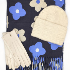 Дамски зимен комплект – шапка, шал и ръкавици в бежово и синьо Дамски зимен комплект – шапка, шал и ръкавици в бежово и синьо