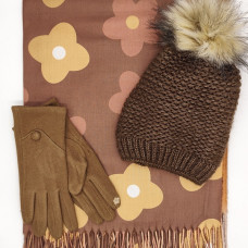 Дамски зимен комплект – шапка, шал и ръкавици в кафяво с пух и флорален мотив Дамски зимен комплект – шапка, шал и ръкавици в кафяво с пух и флорален мотив