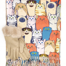 Комплект шал и ръкавици – кашмирен шал с котки и ръкавици с пух в бежово Комплект шал и ръкавици – кашмирен шал с котки и ръкавици с пух в бежово