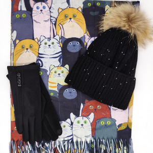 Комплект шапка, шал и ръкавици с пух и шал с котки – коледен подарък за жена