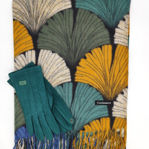 Шал и ръкавици – елегантен комплект в зелено и горчица, луксозен подарък за жена