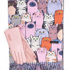 Зимен комплект-Шал с котки и ръкавици с копчета в розово