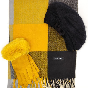 Дамски комплект шапка, шал и ръкавици в черно и горчица-Луксозен