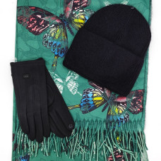 Дамски комплект шапка, шал и ръкавици в зелено и черно-Зимни аксесоари за подарък на жена Дамски комплект шапка, шал и ръкавици в зелено и черно-Зимни аксесоари за подарък на жена