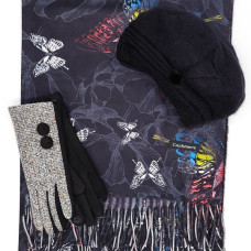 Дамски комплект шапка тип барета , кашмирен шал и ръкавици в черната гама-Коледен подарък 