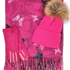 Комплект шапка шал и ръкавици за жена в цикламен цвят с пеперуди Комплект шапка шал и ръкавици за жена в цикламен цвят с пеперуди