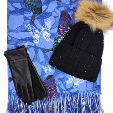 Луксозен комплект шапка, шал и ръкавици в синьо | Подарък за жена