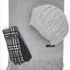 Дамски комплект – сив кашмирен шал, барета и ръкавици на каре Дамски комплект – сив кашмирен шал, барета и ръкавици на каре