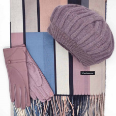 Дамски комплект – кашмирен шал, барета и ръкавици в лилав нюанс