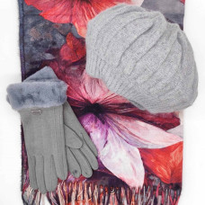 Дамски комплект – кашмирен шал с флорален мотив, барета и ръкавици в сиво