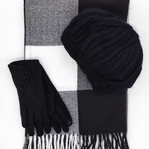 Дамски комплект – кашмирен шал в черно и бяло, барета и ръкавици