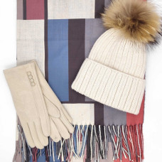 Дамски комплект – шапка с пух, кашмирен шал и ръкавици в бежов цвят Дамски комплект – шапка с пух, кашмирен шал и ръкавици в бежов цвят