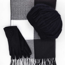 Дамски комплект – кашмирен шал в черно и бяло, барета и ръкавици