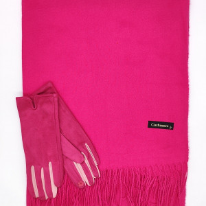 Цикламен зимен комплект-Шал с ресни и ръкавици с цветни пръсти