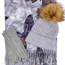 Дамски комплект шапка шал и ръкавици в сиво– Стилен подарък за жена Дамски комплект шапка шал и ръкавици в сиво– Стилен подарък за жена