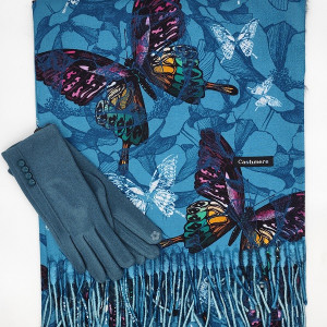 Комплект кашмирен шал с пеперуди и луксозни ръкавици в синята гама -Подарък за жена Комплект кашмирен шал с пеперуди и луксозни ръкавици в синята гама -Подарък за жена