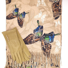 Комплект шал и ръкавици в бежово с пеперуди – елегантен дамски зимен комплект