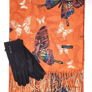 Шал с пеперуди и ръкавици -Комплект в оранжево и черно 