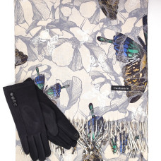 Шал и ръкавици – дамски комплект с пеперуди в светло бежово и черно Шал и ръкавици – дамски комплект с пеперуди в светло бежово и черно