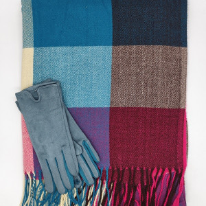 Комплект шал и ръкавици – пъстър кашмирен шал и сини ръкавици, коледен подарък за жена