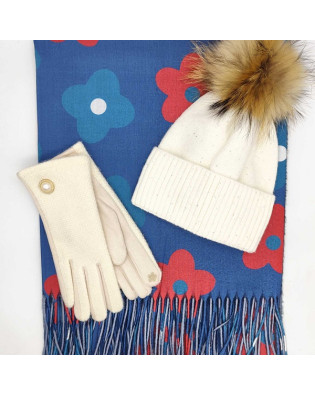 Шал, шапка с пух и ръкавици с копче-Дамски подаръчен комплект Шал, шапка с пух и ръкавици с копче-Дамски подаръчен комплект