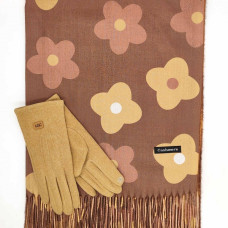 Луксозен шал и ръкавици в бежово и кафяво-Дамски зимен комплект