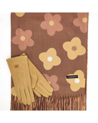 Луксозен шал и ръкавици в бежово и кафяво-Дамски зимен комплект Луксозен шал и ръкавици в бежово и кафяво-Дамски зимен комплект