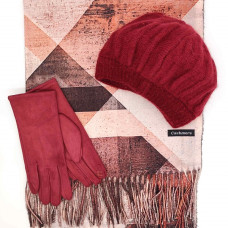 Стилен зимен комплект Кашмирен шал, барета и ръкавици в бордо