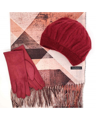 Стилен зимен комплект Кашмирен шал, барета и ръкавици в бордо Стилен зимен комплект Кашмирен шал, барета и ръкавици в бордо
