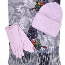 Шал с пеперуди, шапка и ръкавици-Дамски зимен комплект в сиво и лилаво