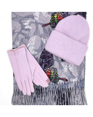 Шал с пеперуди, шапка и ръкавици-Дамски зимен комплект в сиво и лилаво Шал с пеперуди, шапка и ръкавици-Дамски зимен комплект в сиво и лилаво