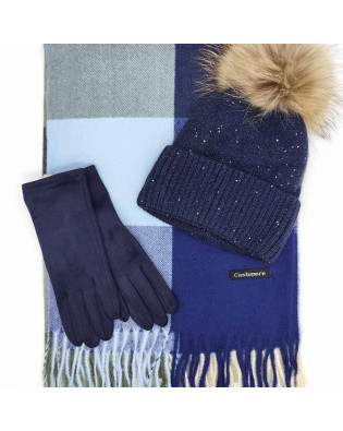 Шал на квадрати , шапка с пух от естествен косъм и ръкавици-Дамски комплект Шал на квадрати , шапка с пух от естествен косъм и ръкавици-Дамски комплект